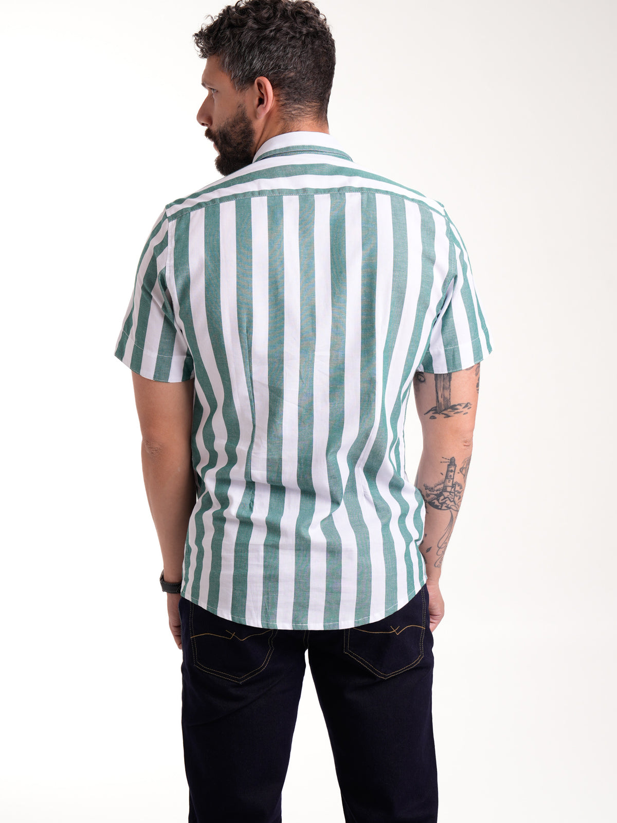 Camisa Masculina Manga Corta | Rayas Verdes y Blancas
