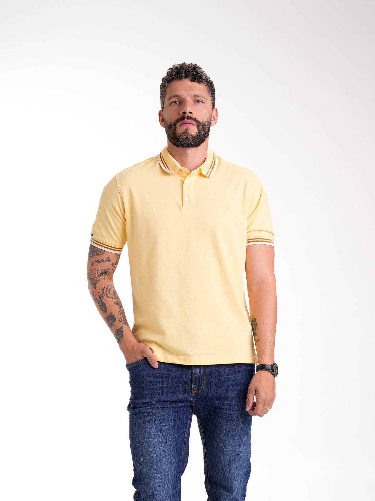 Polo Moda Masculino | Amarillo con Cuello con Franjas Cafés