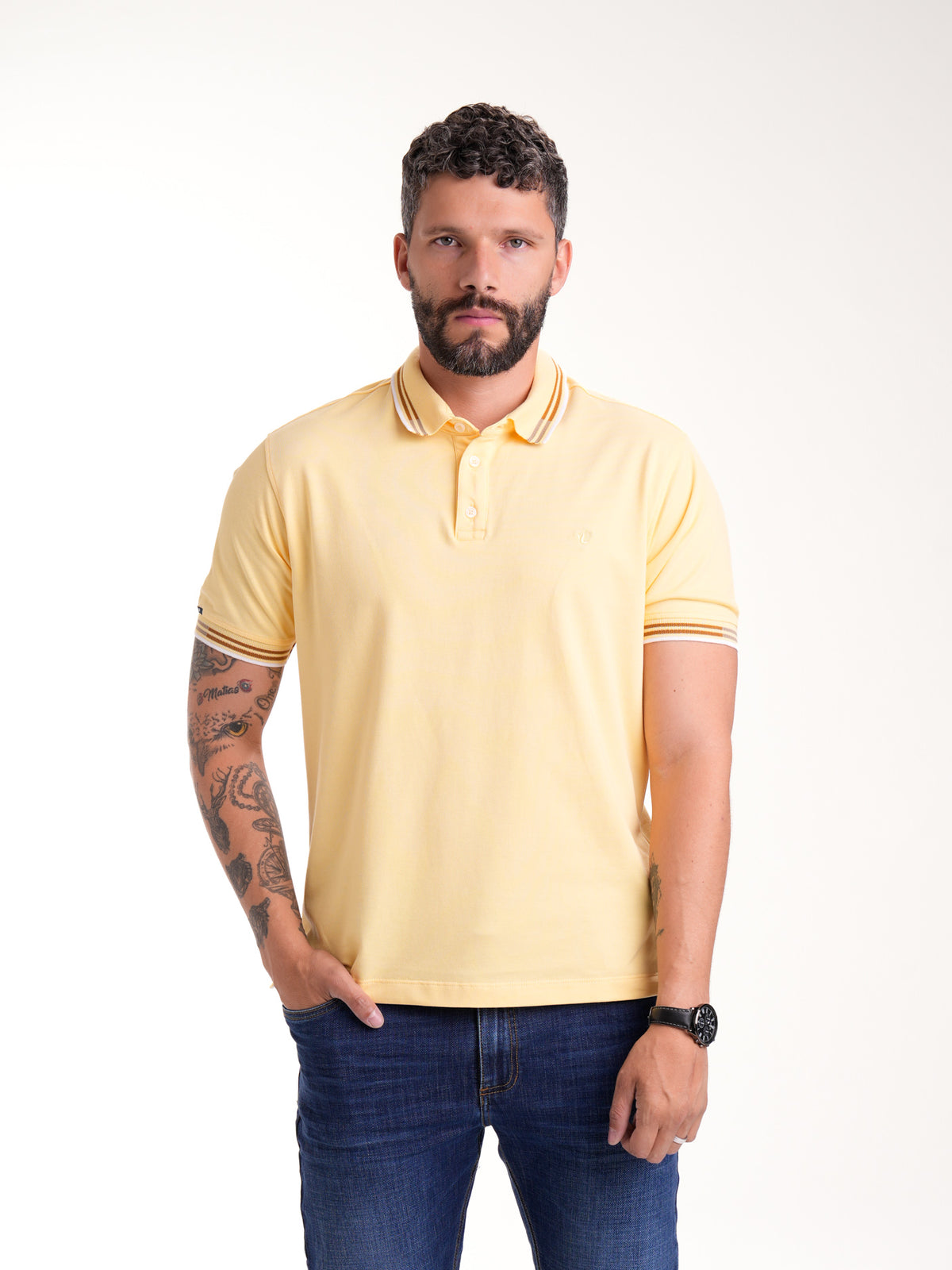 Polo Moda Masculino | Amarillo con Cuello con Franjas Cafés