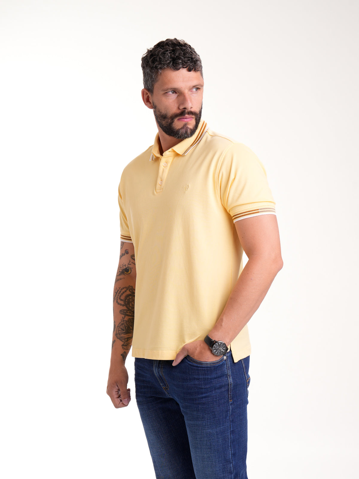 Polo Moda Masculino | Amarillo con Cuello con Franjas Cafés