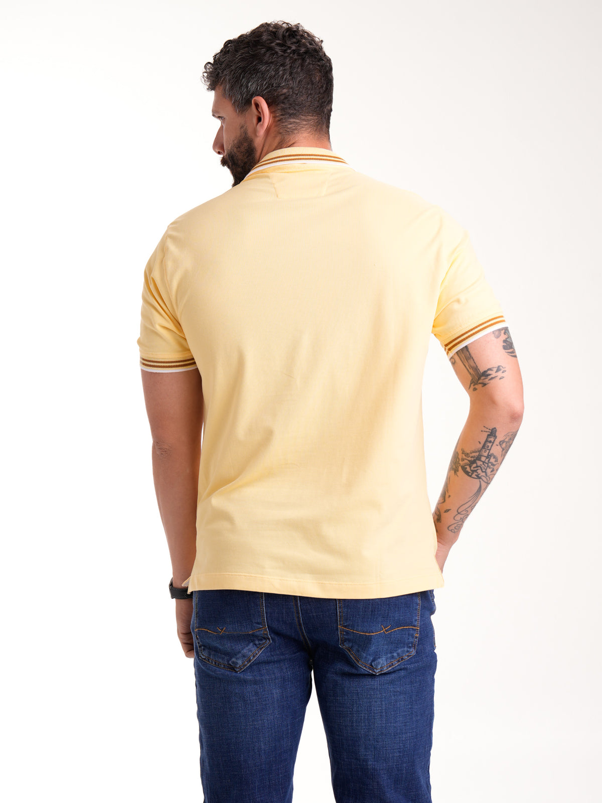 Polo Moda Masculino | Amarillo con Cuello con Franjas Cafés