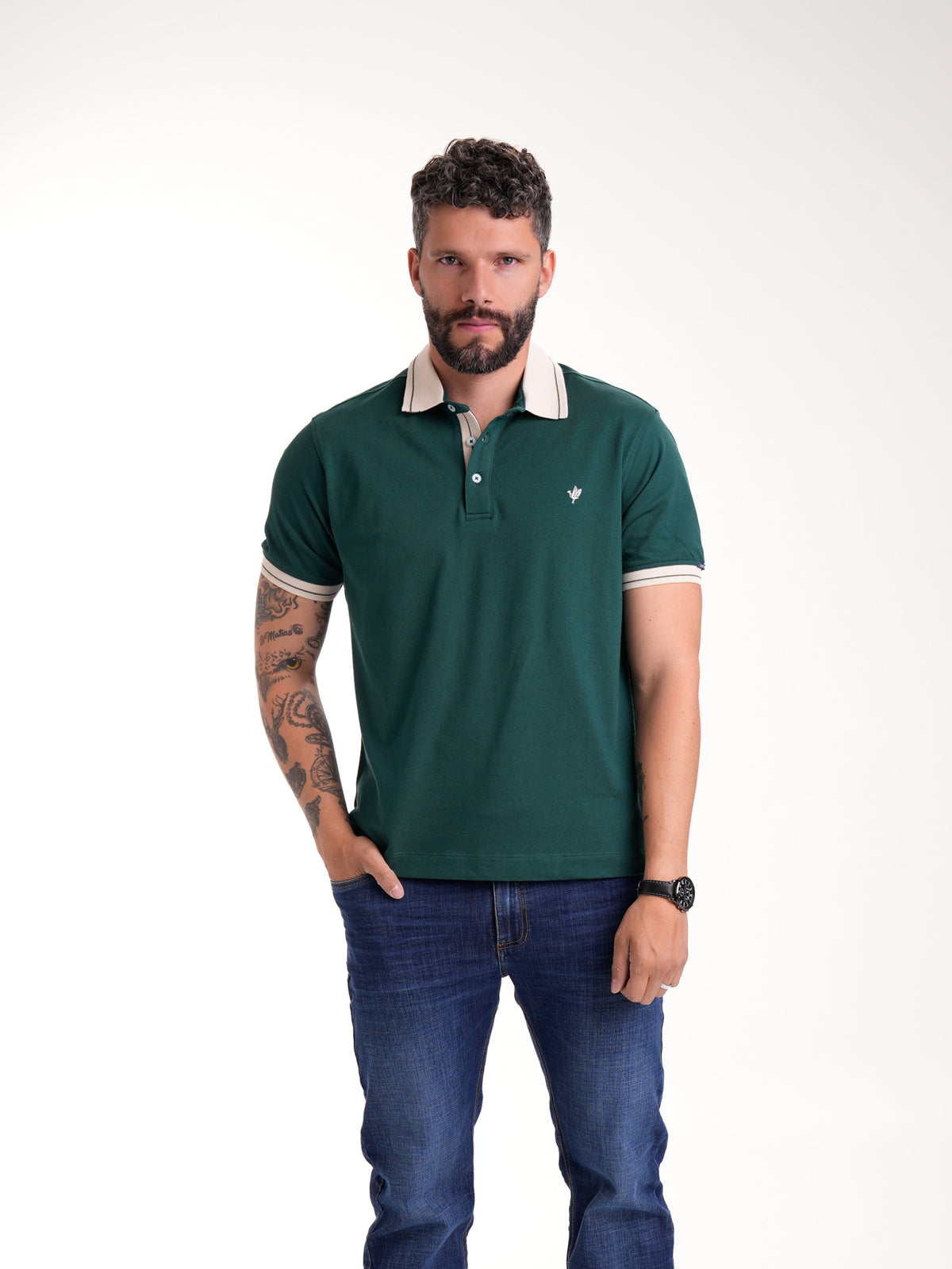Polo Moda Masculino | Verde Botella con Cuello Beige