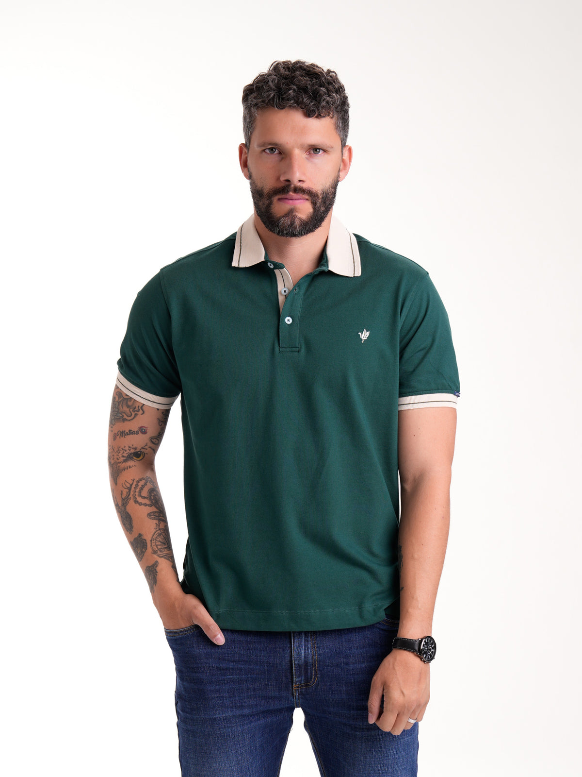 Polo Moda Masculino | Verde Botella con Cuello Beige