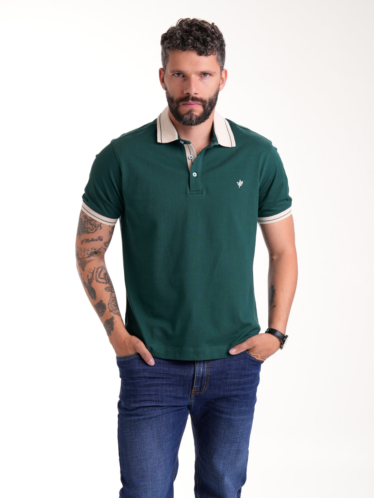 Polo Moda Masculino | Verde Botella con Cuello Beige