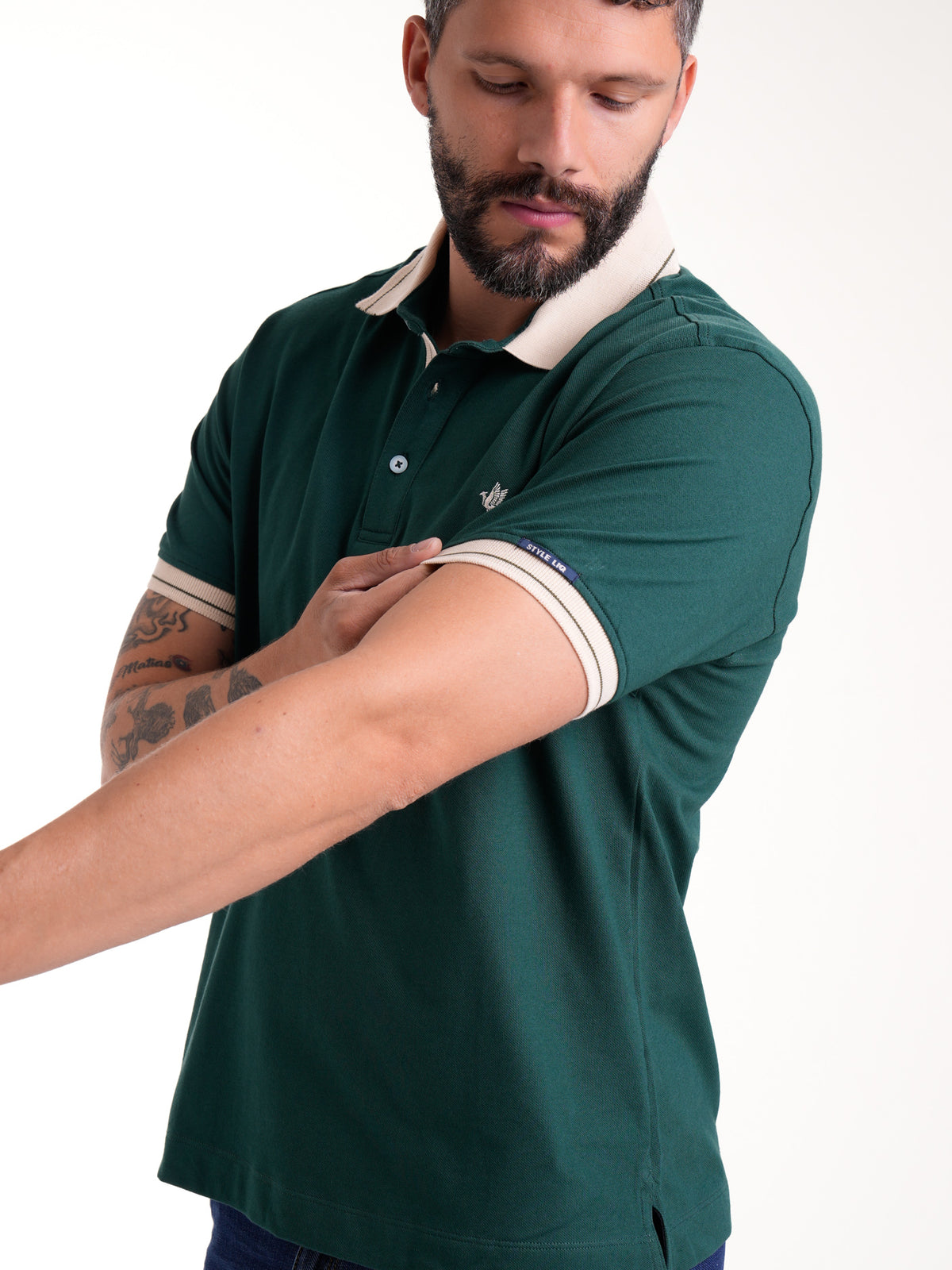 Polo Moda Masculino | Verde Botella con Cuello Beige