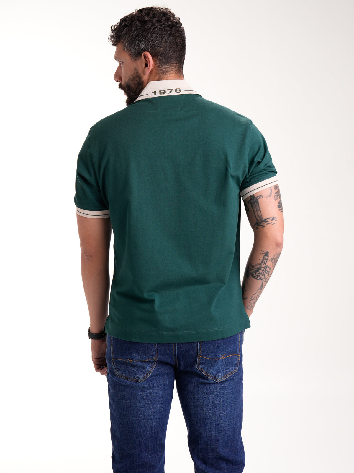 Polo Moda Masculino | Verde Botella con Cuello Beige