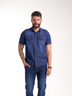 Camisa Masculina Manga Corta | Jean Azul Oscuro y Botones Cafés — foto 1