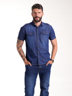 Camisa Masculina Manga Corta | Jean Azul Oscuro y Botones Cafés — foto 2