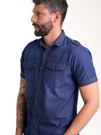 Camisa Masculina Manga Corta | Jean Azul Oscuro y Botones Cafés — foto 4