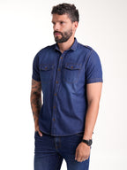 Camisa Masculina Manga Corta | Jean Azul Oscuro y Botones Cafés — foto 5