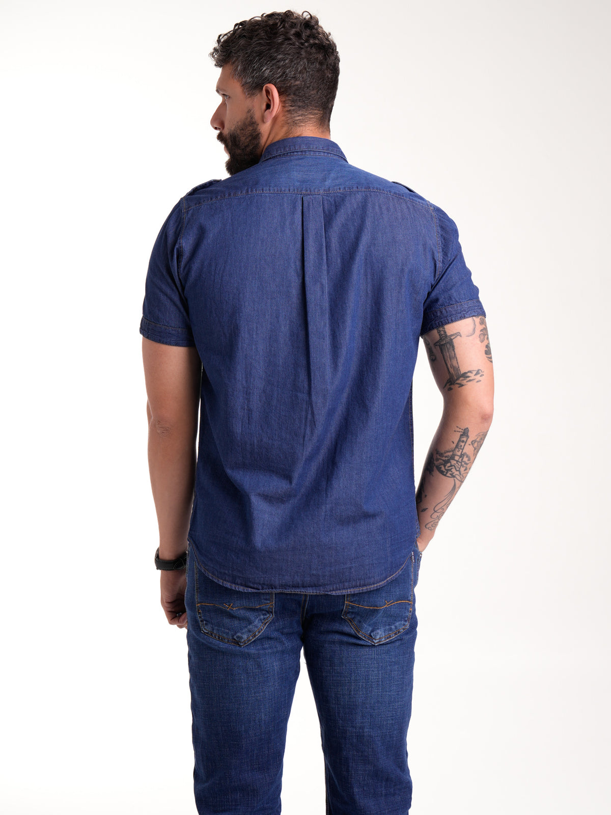 Camisa Masculina Manga Corta | Jean Azul Oscuro y Botones Cafés — foto 6