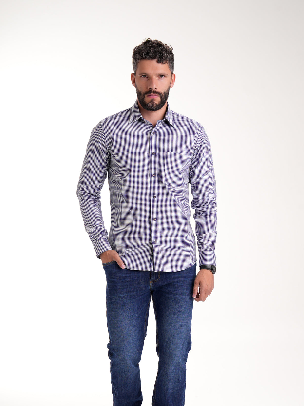 Camisa Masculina Manga Larga | Cuadros Azules