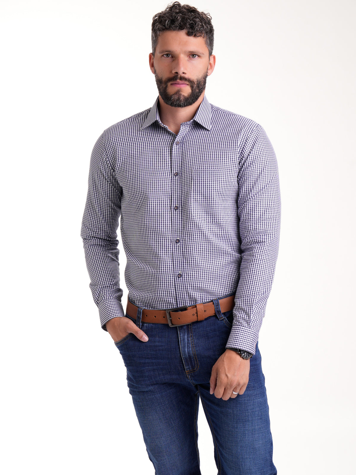 Camisa Masculina Manga Larga | Cuadros Azules