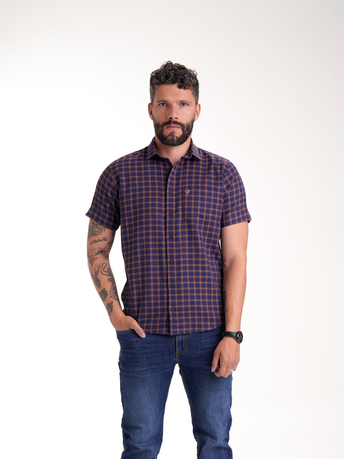 Camisa Masculina Manga Corta | Cuadros Morado y Ocre