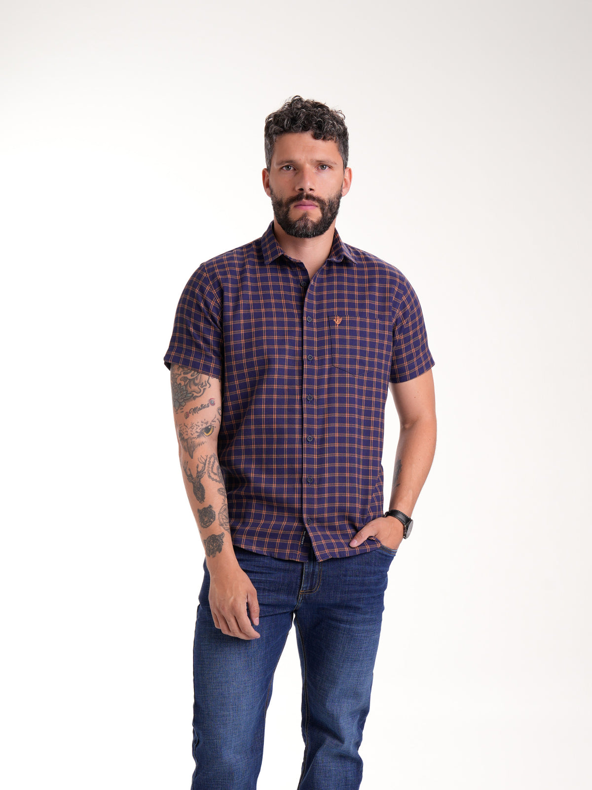 Camisa Masculina Manga Corta | Cuadros Morado y Ocre