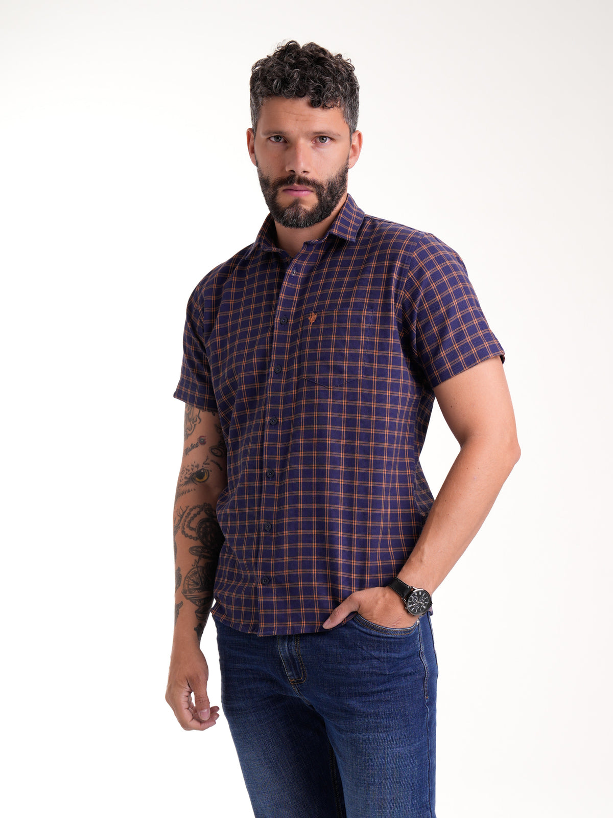 Camisa Masculina Manga Corta | Cuadros Morado y Ocre