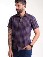 Camisa Masculina Manga Corta | Cuadros Morado y Ocre
