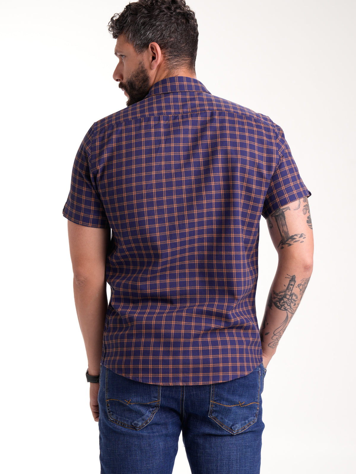 Camisa Masculina Manga Corta | Cuadros Morado y Ocre