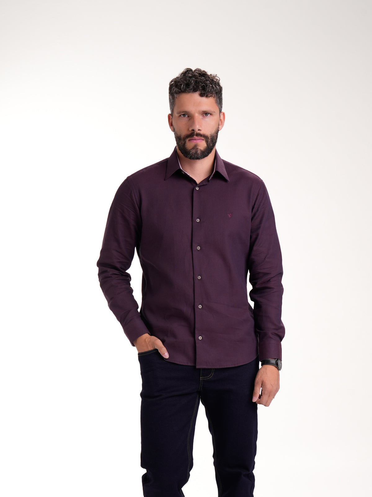 Camisa Masculina Manga Larga | Morado Contraste Cuello — foto 1
