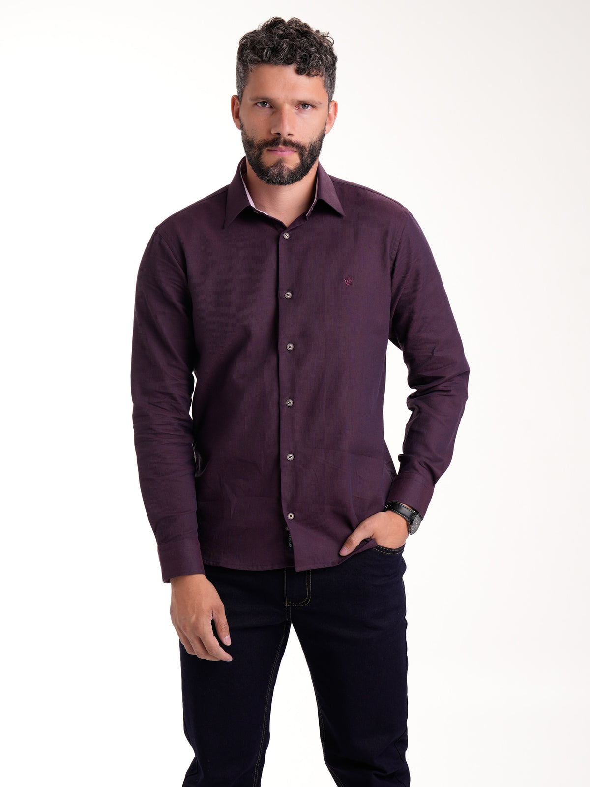 Camisa Masculina Manga Larga | Morado Contraste Cuello — foto 3