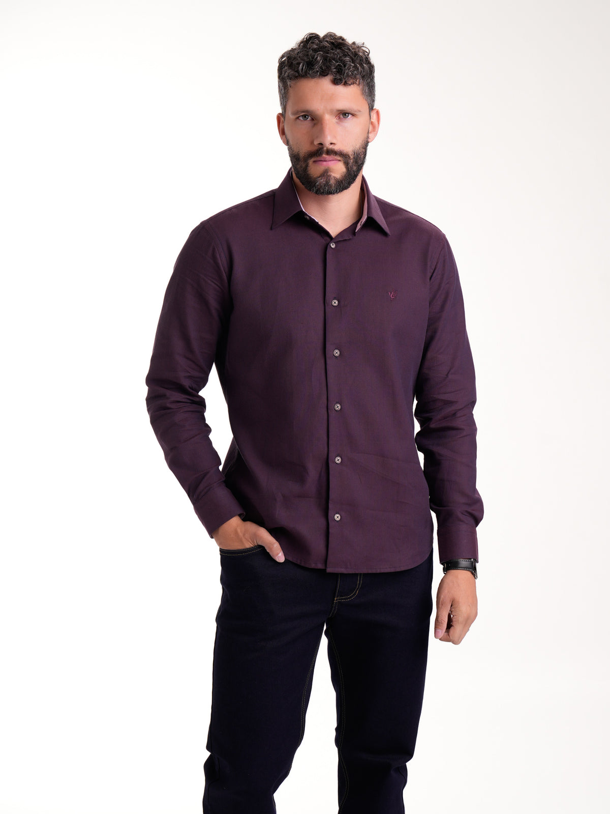 Camisa Masculina Manga Larga | Morado Contraste Cuello — foto 4