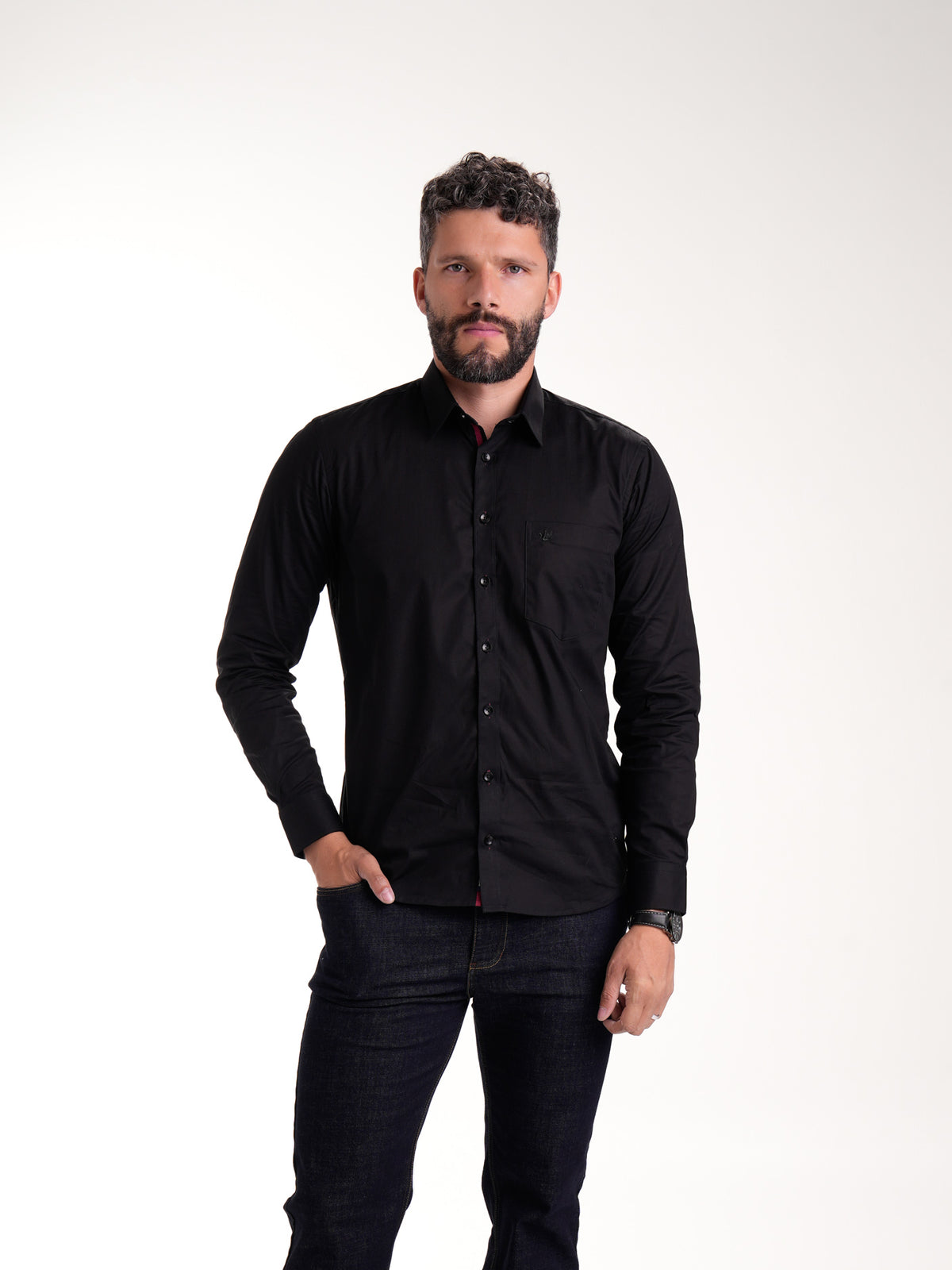 Camisa Masculina Manga Larga | Negro Cinta en Pie de Cuello Vinotinto