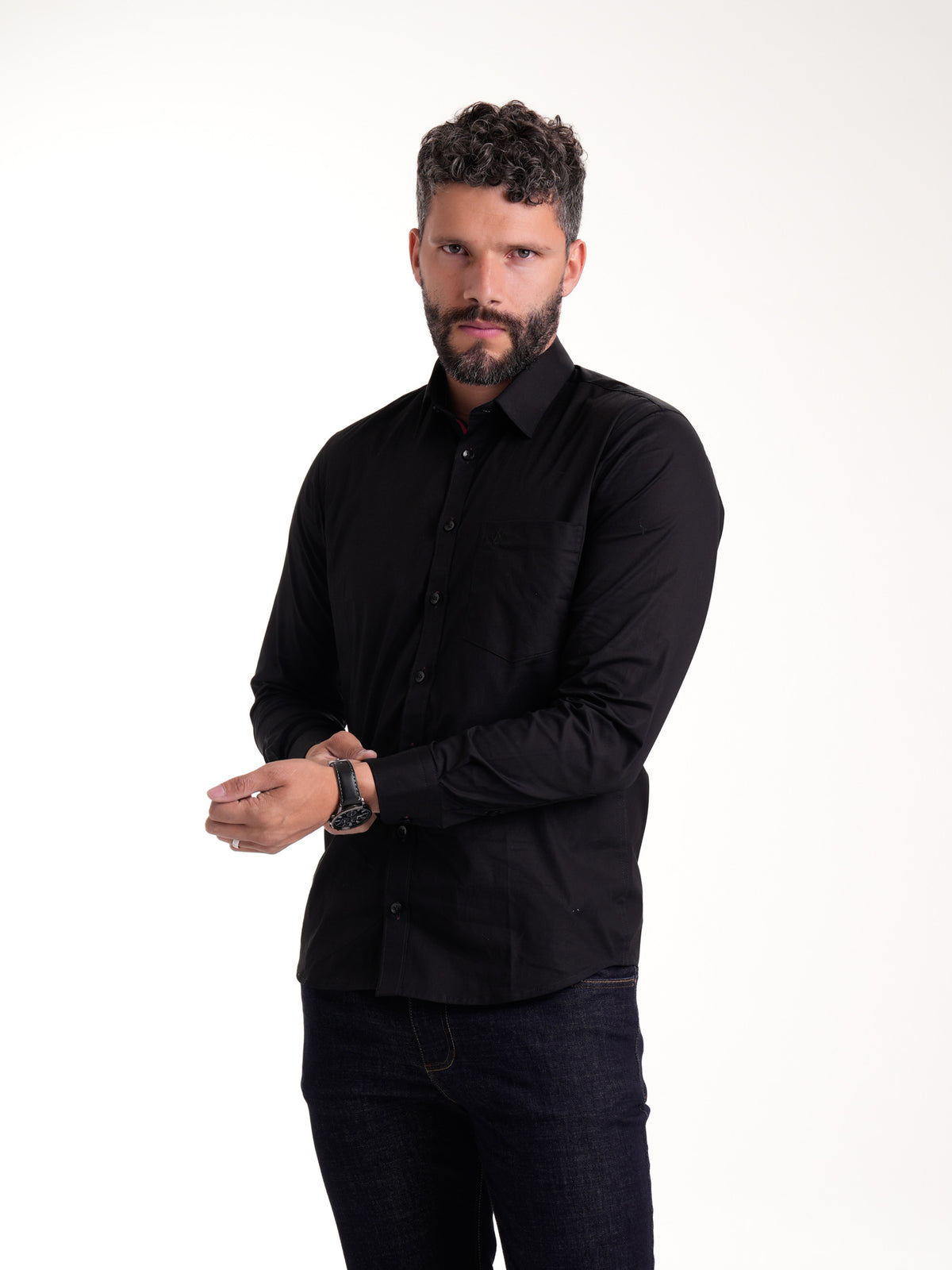 Camisa Masculina Manga Larga | Negro Cinta en Pie de Cuello Vinotinto
