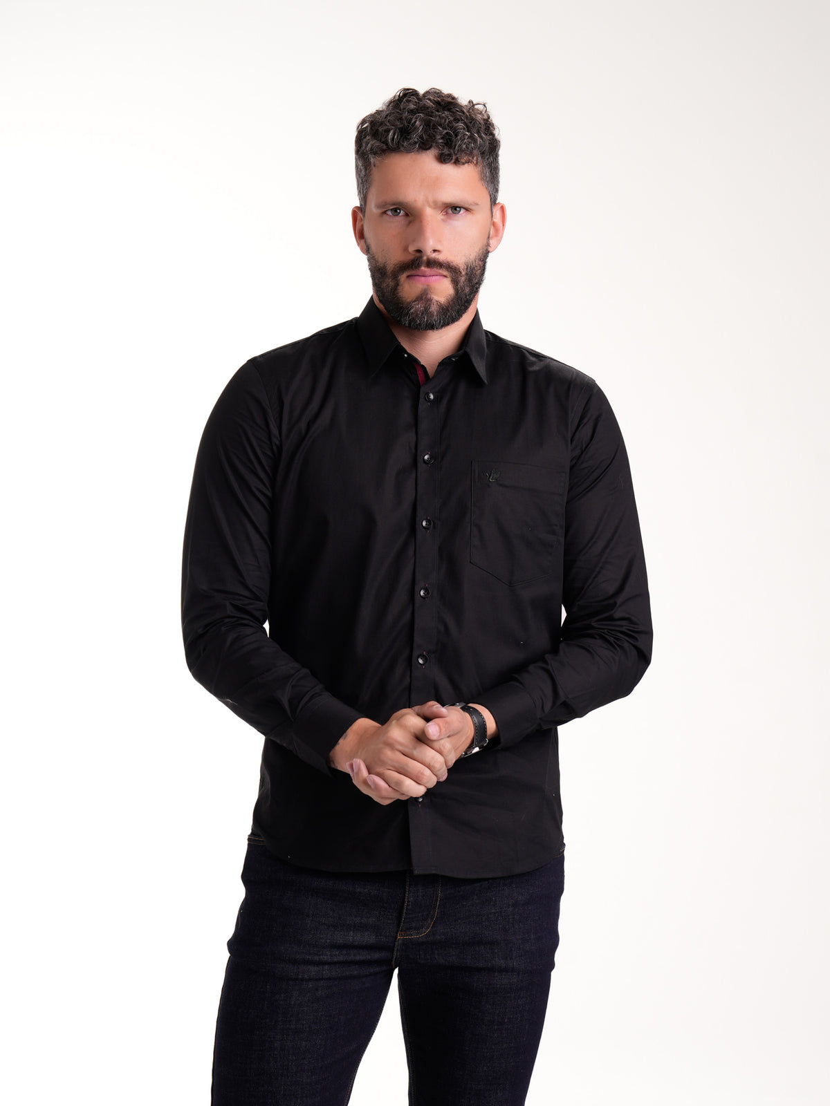 Camisa Masculina Manga Larga | Negro Cinta en Pie de Cuello Vinotinto