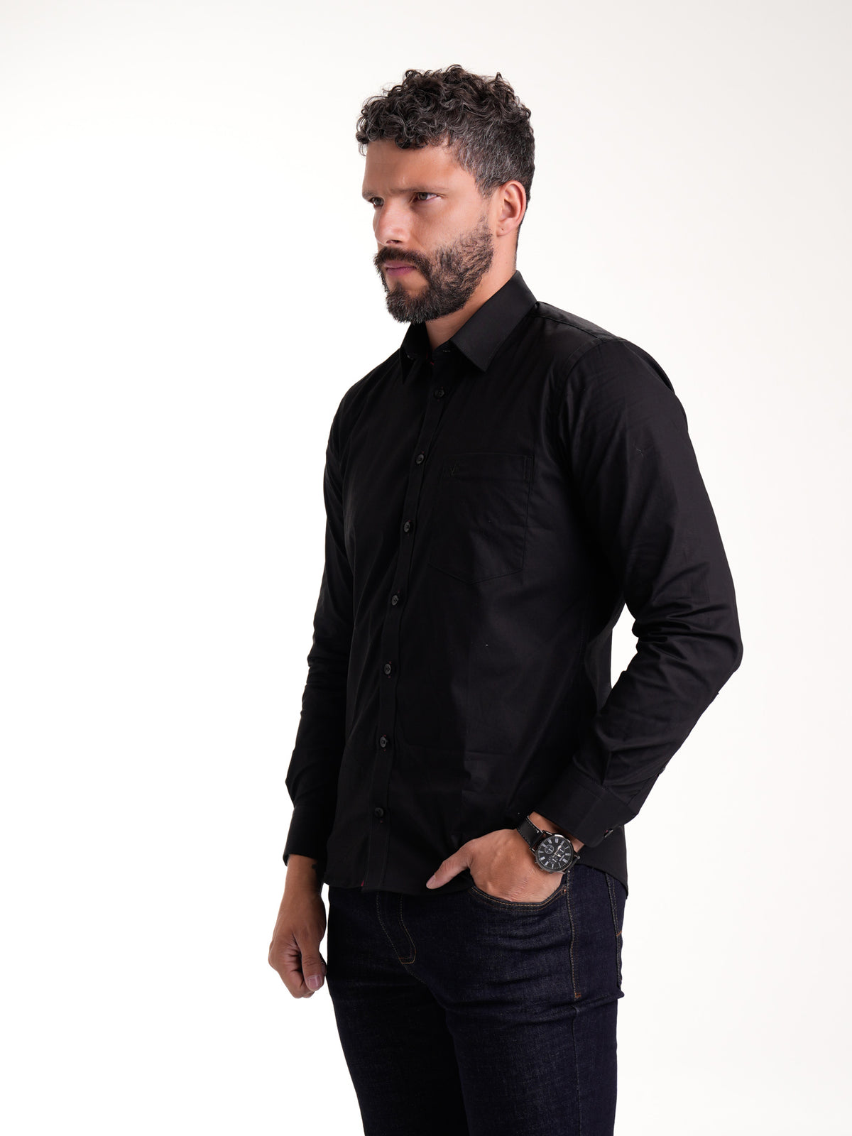 Camisa Masculina Manga Larga | Negro Cinta en Pie de Cuello Vinotinto