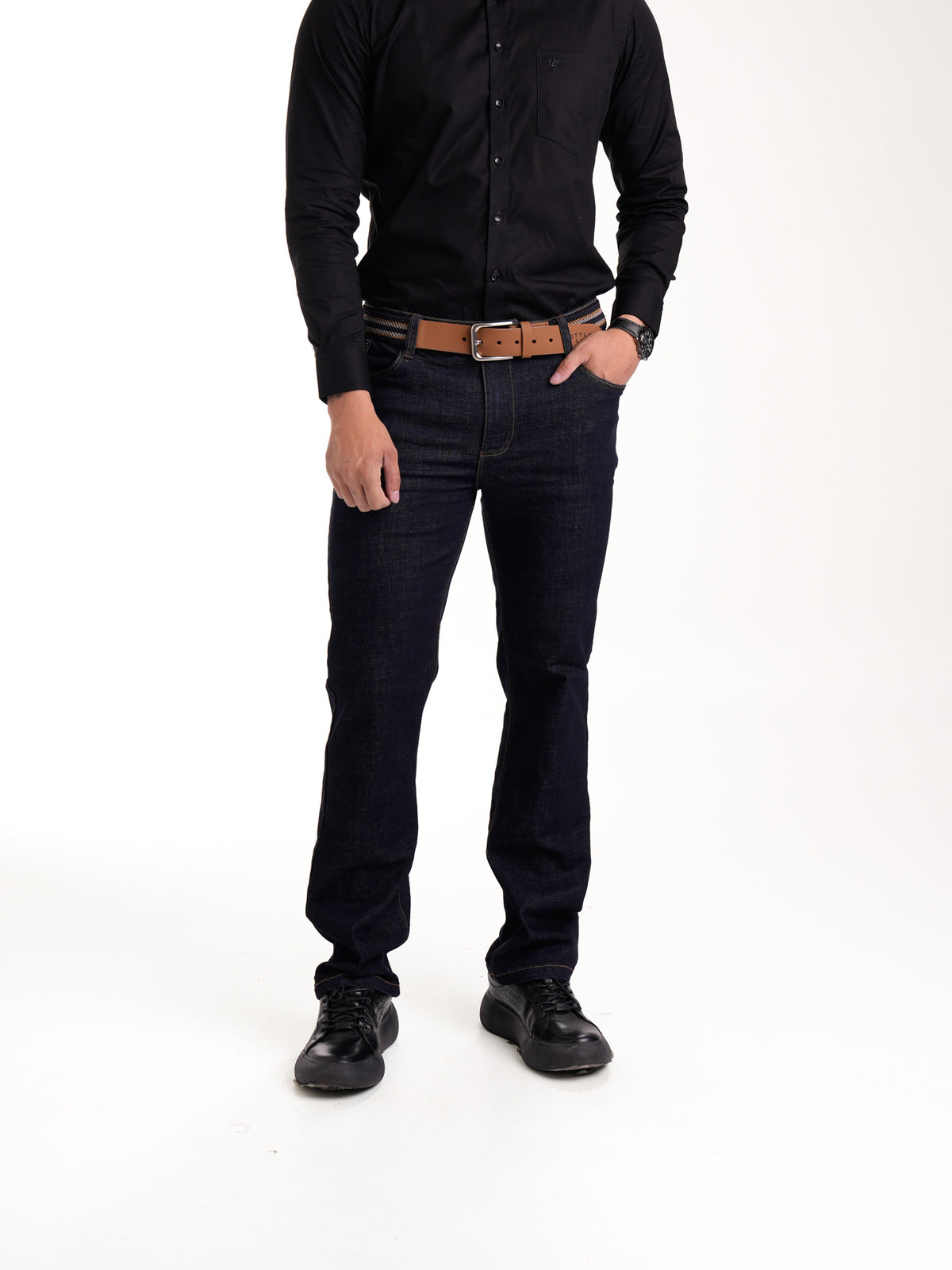 Jean Masculino | Azul Industrial Oscuro Correa Azul Oscuro Beige Mostaza Clásico