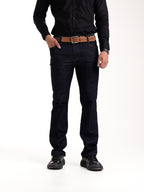 Jean Masculino | Azul Industrial Oscuro Correa Azul Oscuro Beige Mostaza Clásico