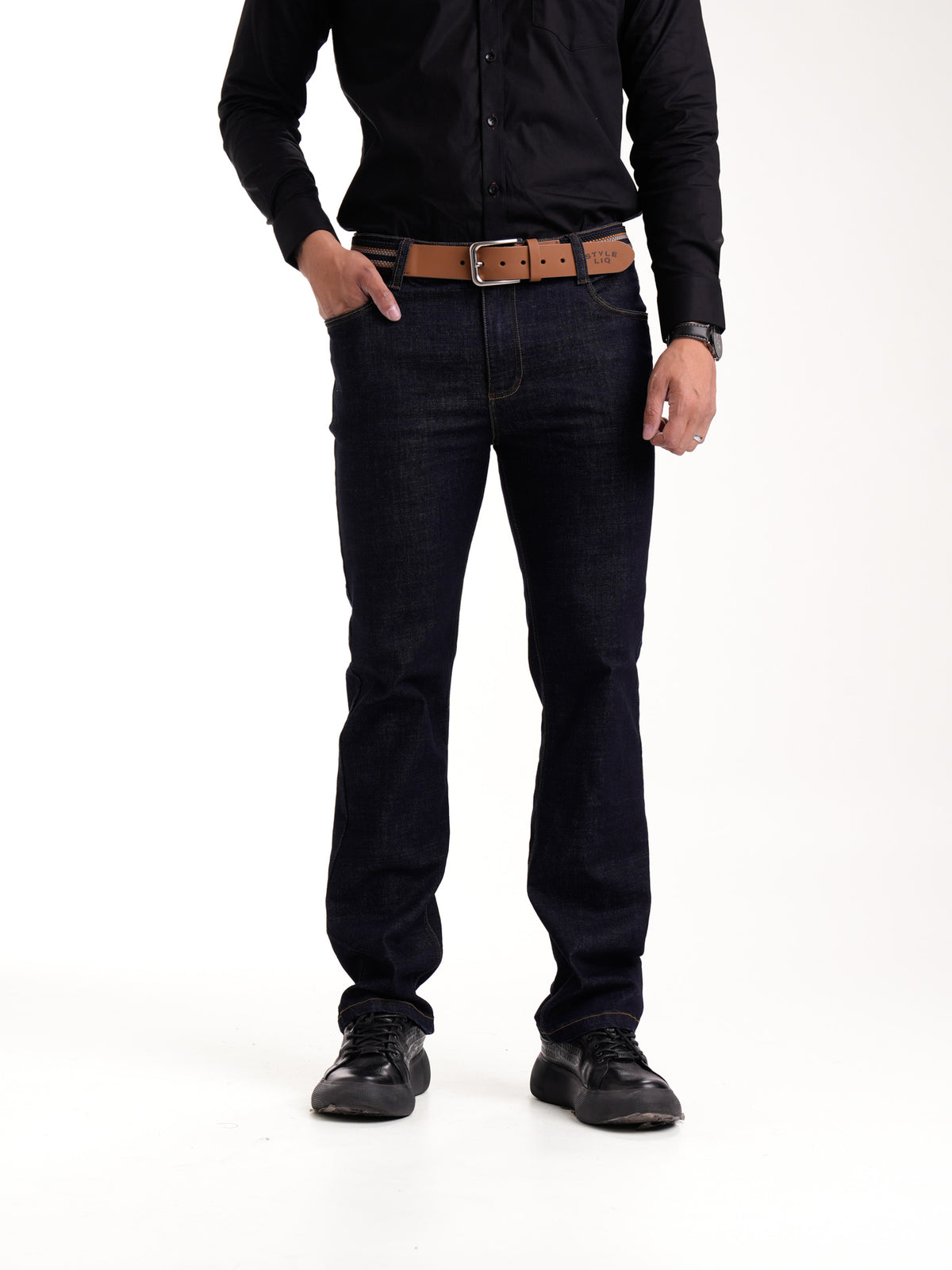 Jean Masculino | Azul Industrial Oscuro Correa Azul Oscuro Beige Mostaza Clásico