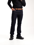 Jean Masculino | Azul Industrial Oscuro Correa Azul Oscuro Beige Mostaza Clásico