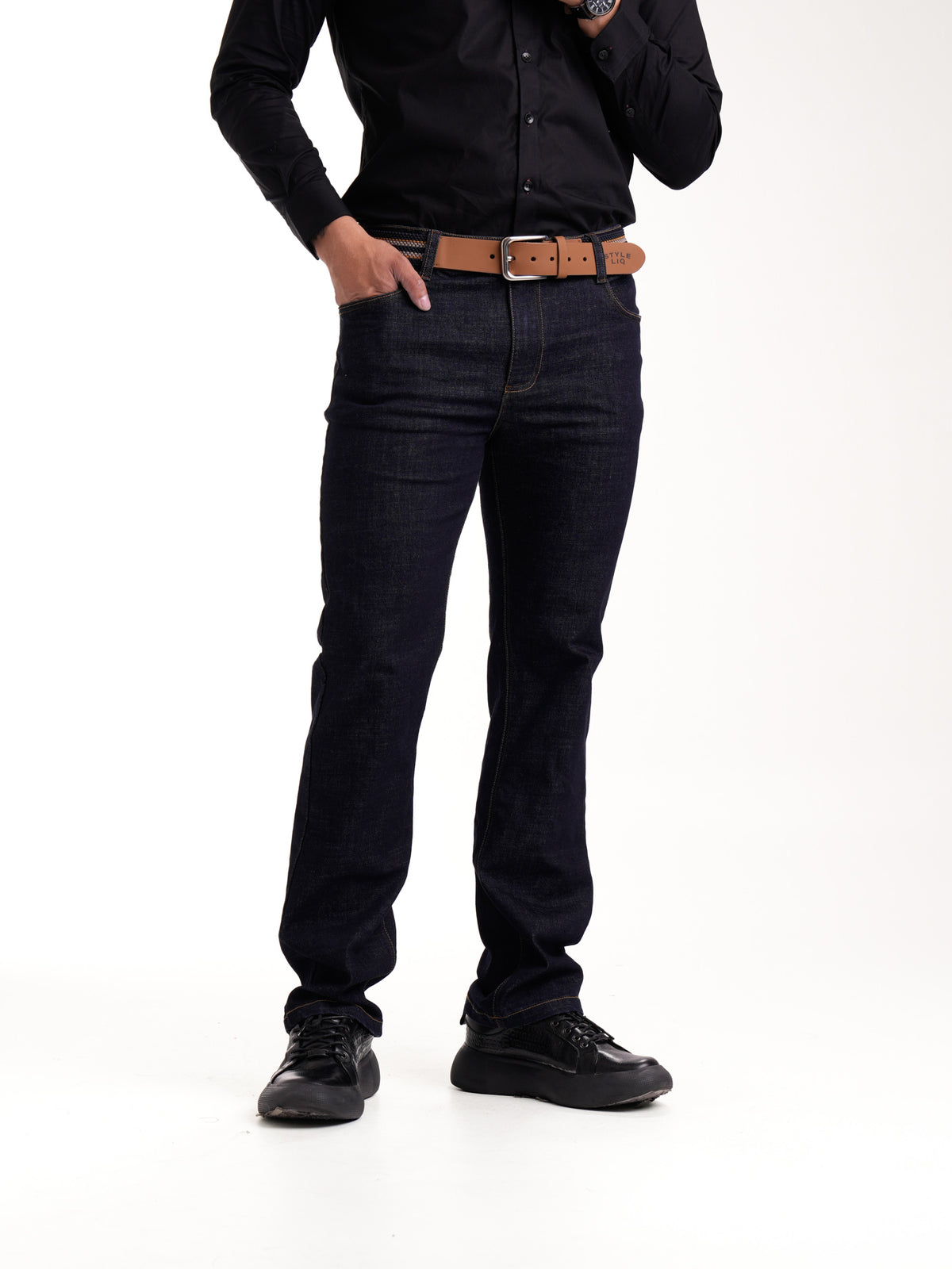 Jean Masculino | Azul Industrial Oscuro Correa Azul Oscuro Beige Mostaza Clásico