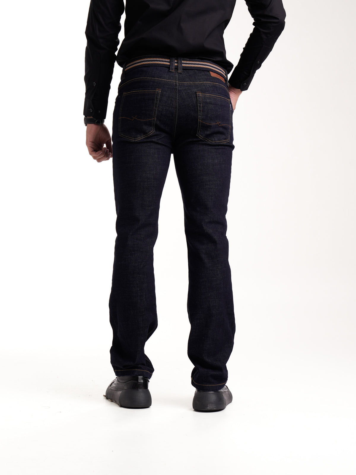 Jean Masculino | Azul Industrial Oscuro Correa Azul Oscuro Beige Mostaza Clásico