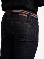 Jean Masculino | Azul Industrial Oscuro Correa Azul Oscuro Beige Mostaza Clásico