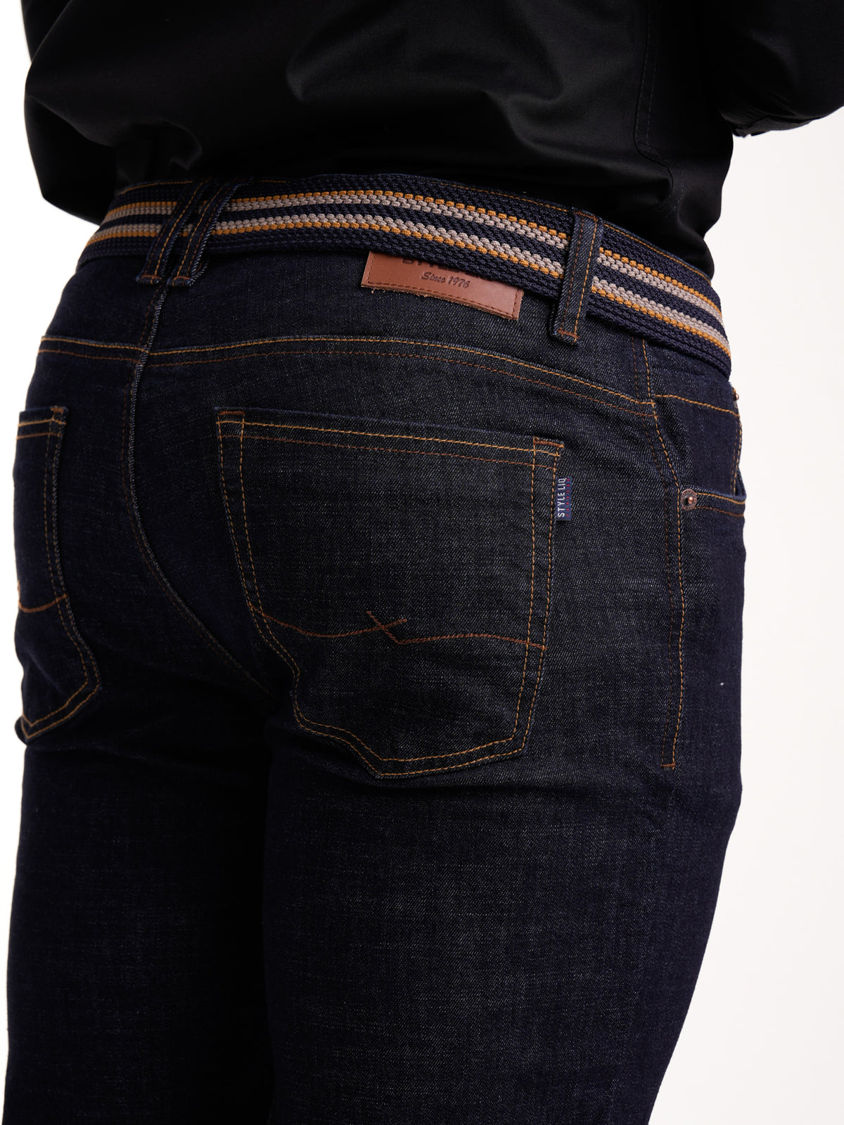 Jean Masculino | Azul Industrial Oscuro Correa Azul Oscuro Beige Mostaza Clásico