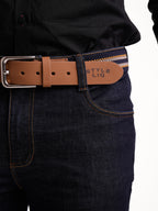 Jean Masculino | Azul Industrial Oscuro Correa Azul Oscuro Beige Mostaza Clásico