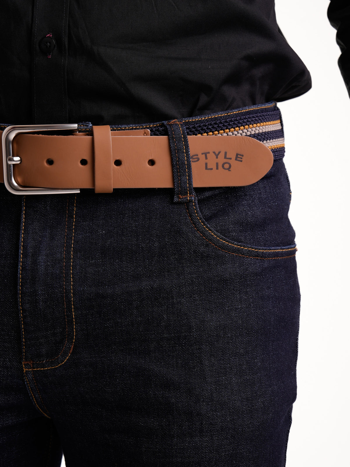 Jean Masculino | Azul Industrial Oscuro Correa Azul Oscuro Beige Mostaza Clásico