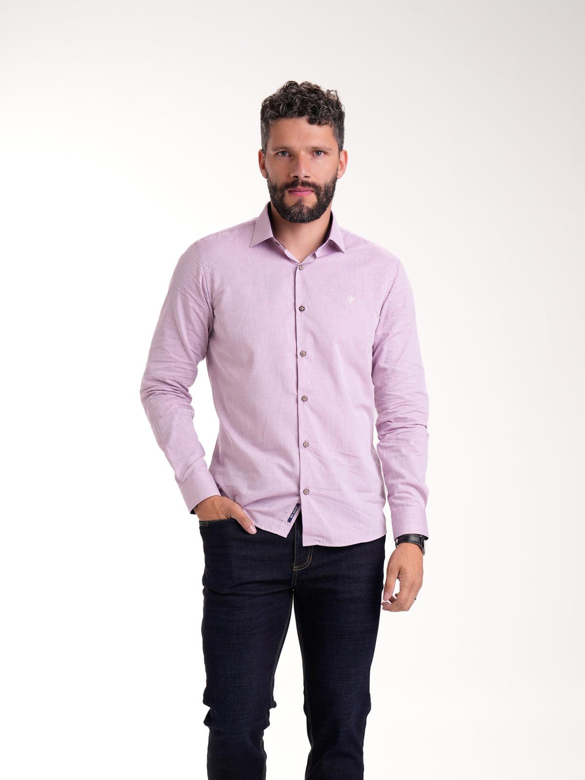 Camisa Masculina Manga Larga | Lila y Pie de Cuello en Contraste Morado — foto 1