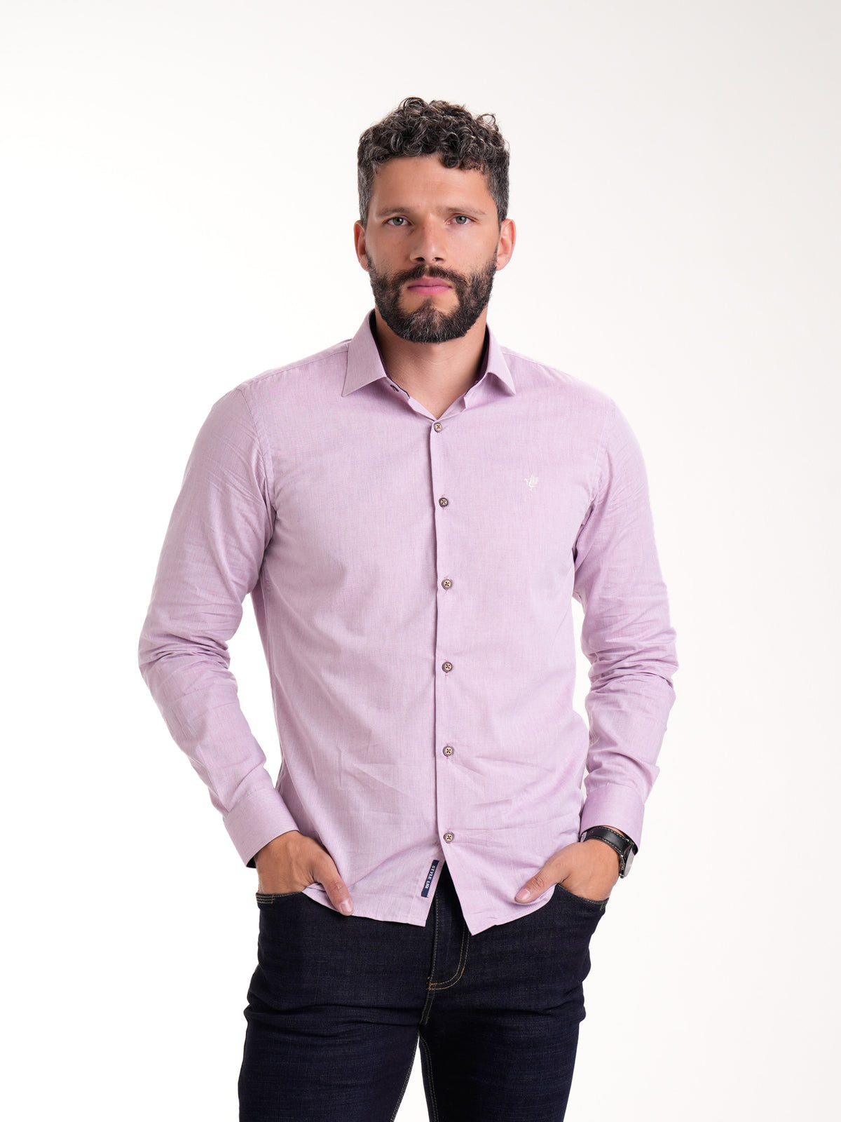 Camisa Masculina Manga Larga | Lila y Pie de Cuello en Contraste Morado — foto 2