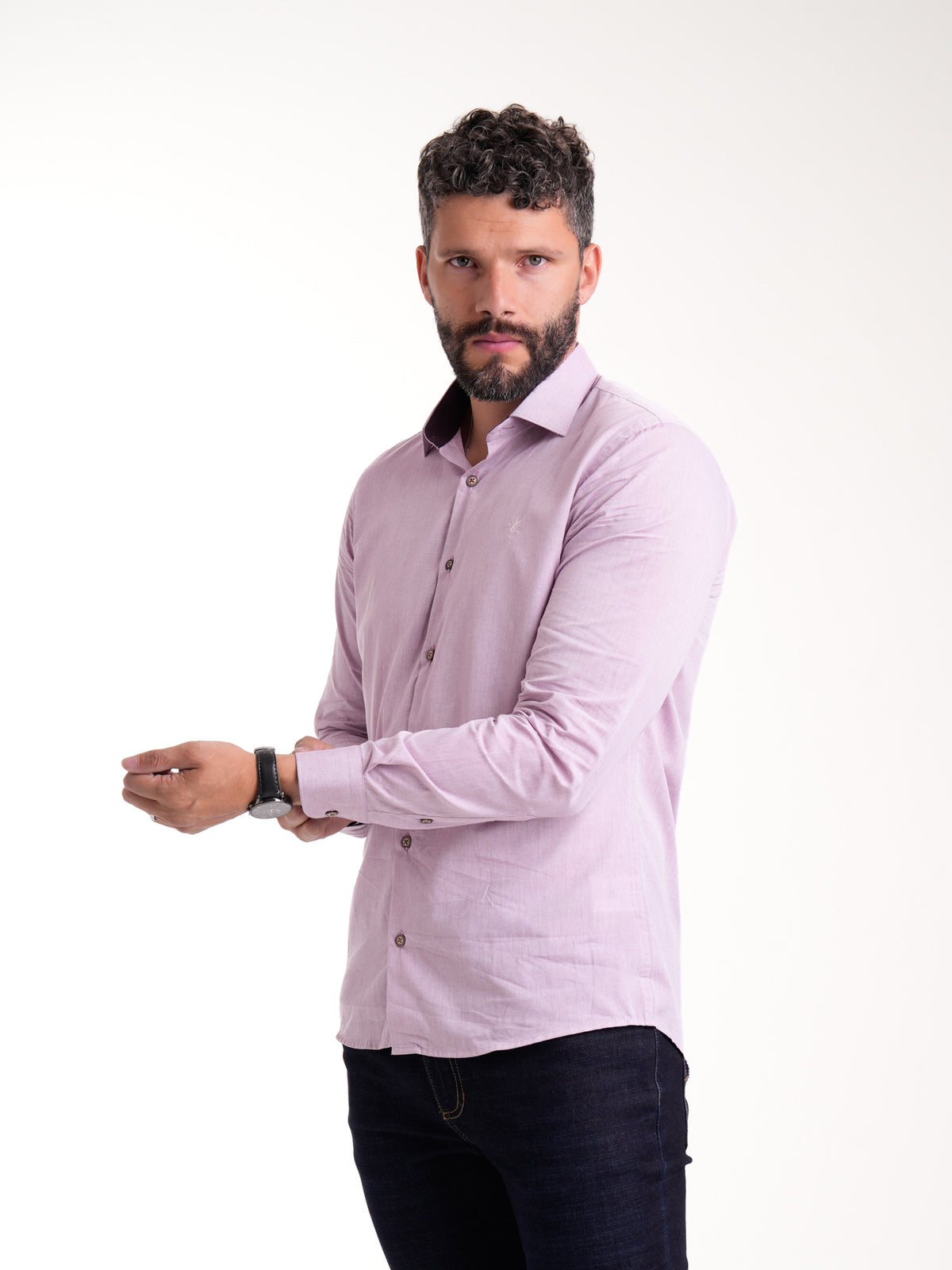Camisa Masculina Manga Larga | Lila y Pie de Cuello en Contraste Morado — foto 3