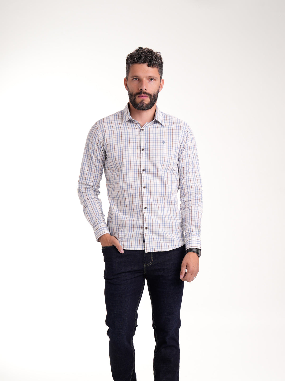 Camisa Masculina Manga Larga | Cuadros Azules Cafés — foto 1