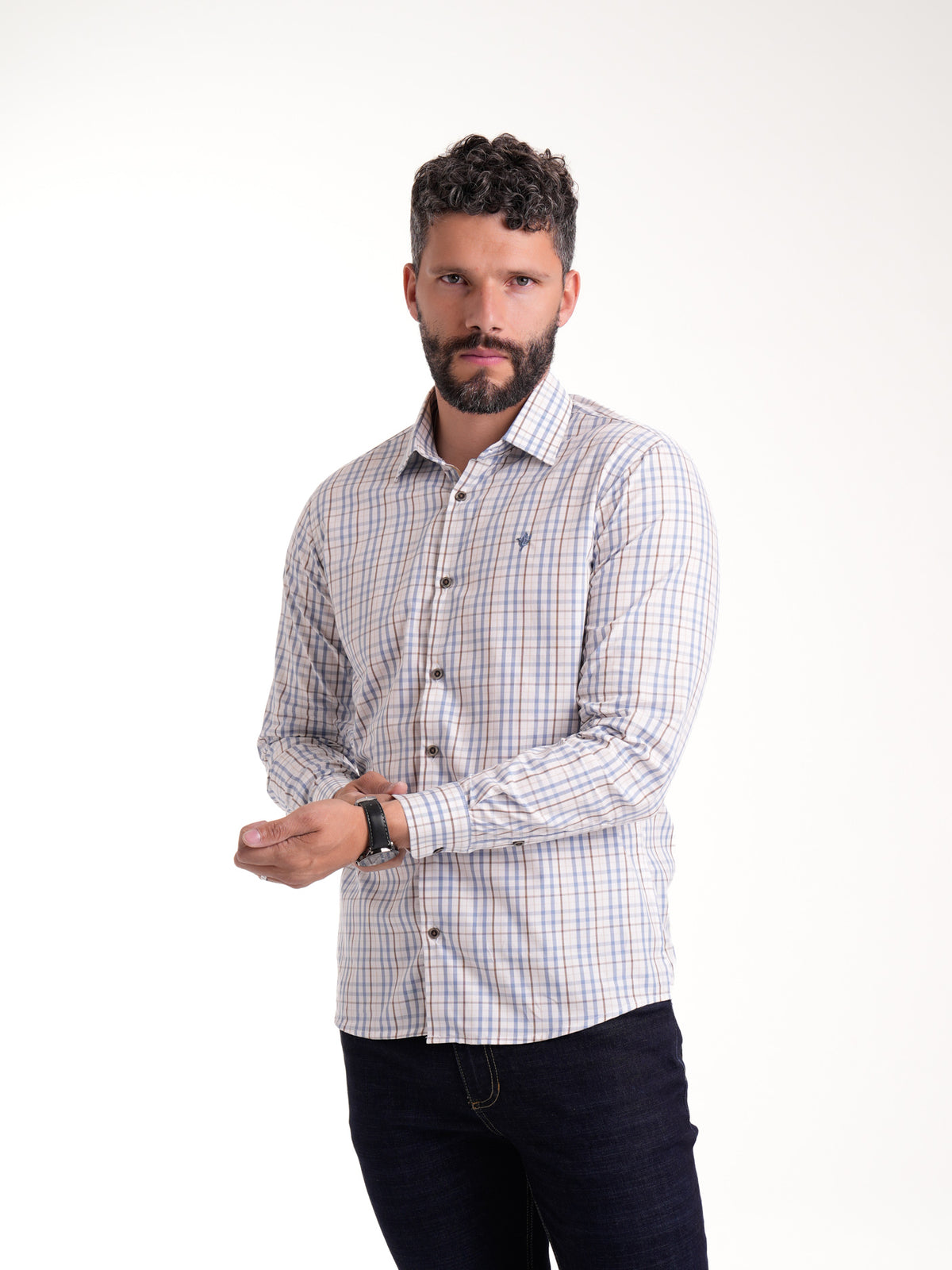 Camisa Masculina Manga Larga | Cuadros Azules Cafés — foto 2