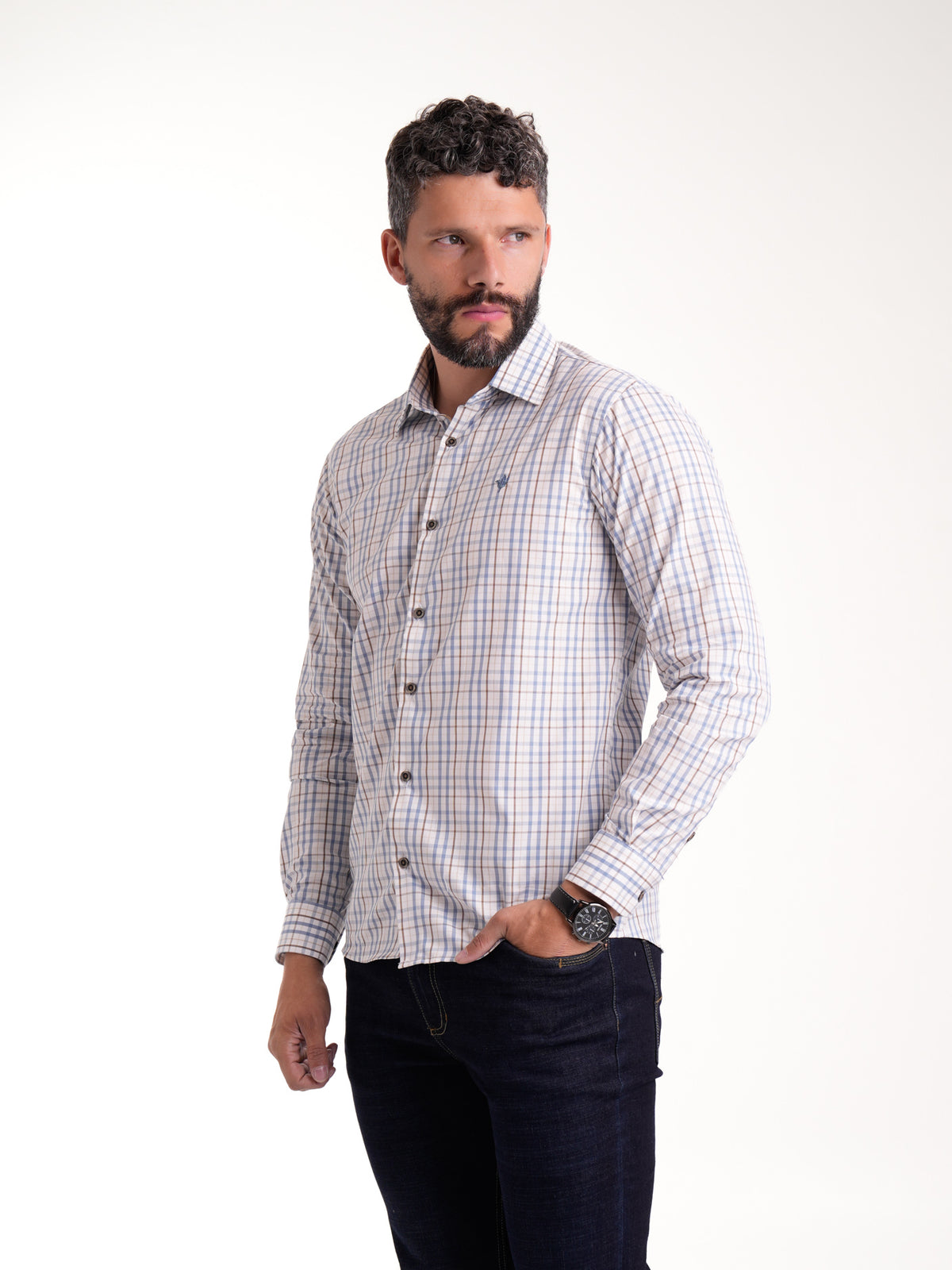 Camisa Masculina Manga Larga | Cuadros Azules Cafés — foto 4