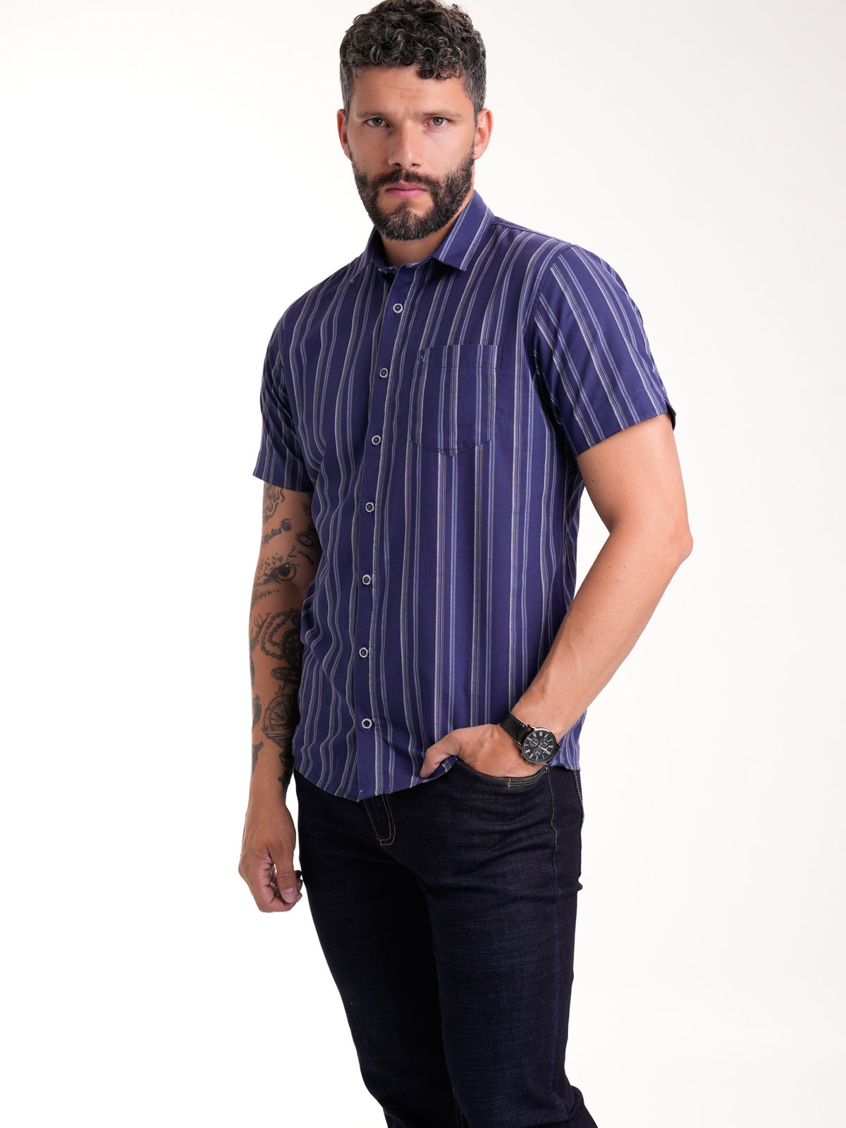 Camisa Masculina Manga Corta | Rayas Azules — foto 3