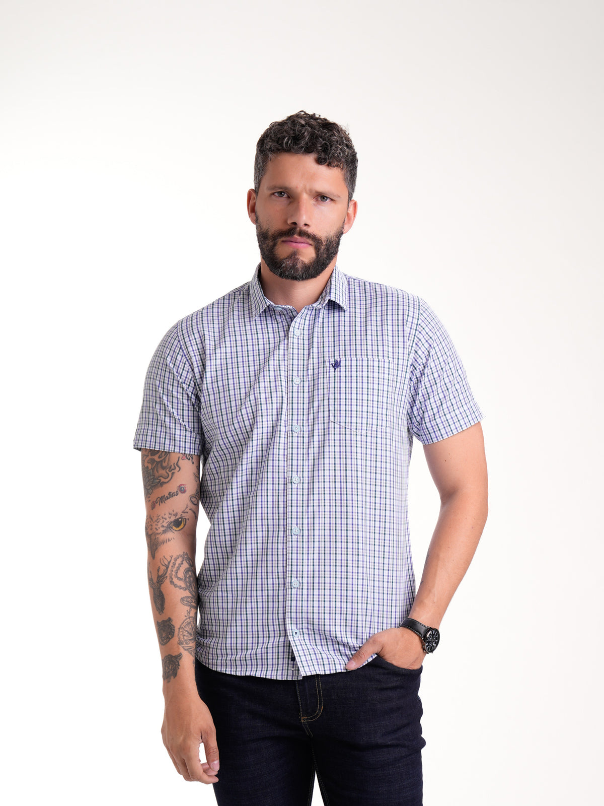 Camisa Masculina Manga Corta | Cuadros Multicolor, vista 2