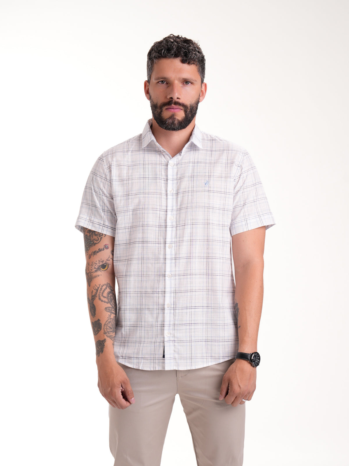 Camisa Masculina Manga Corta | Cuadros Azules Claro y Negro
