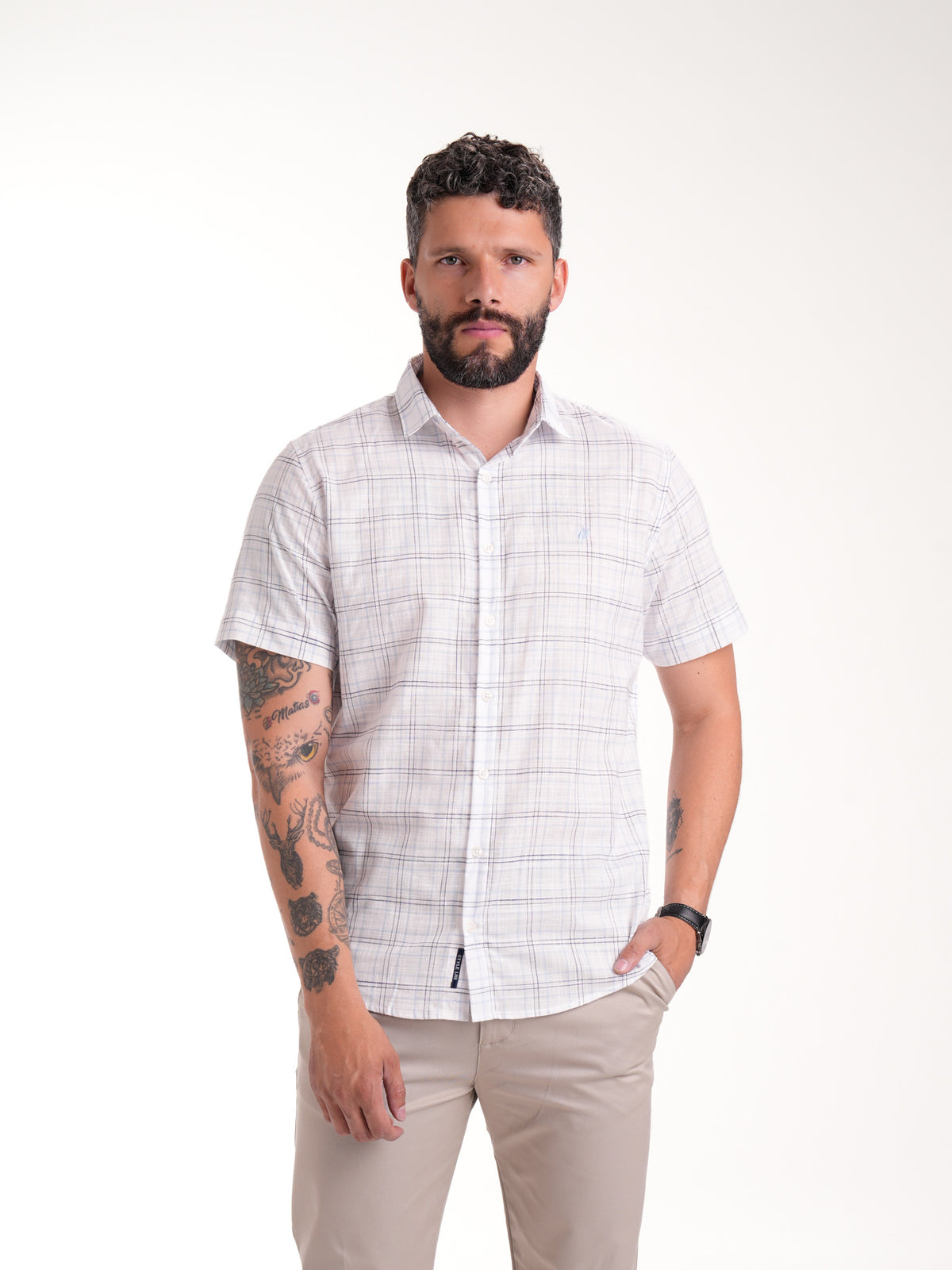 Camisa Masculina Manga Corta | Cuadros Azules Claro y Negro
