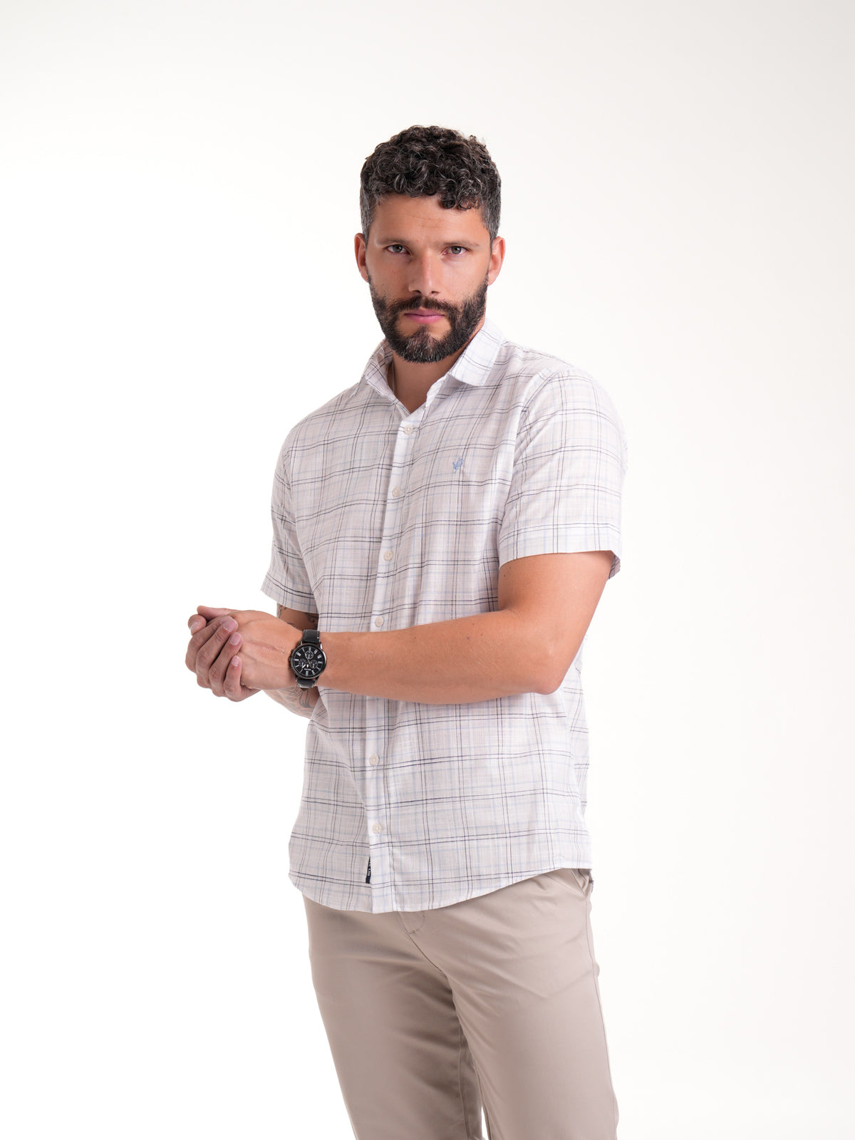 Camisa Masculina Manga Corta | Cuadros Azules Claro y Negro